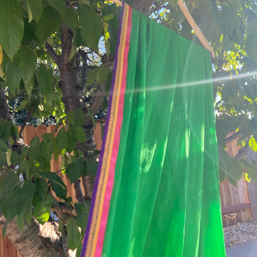 Vibrant Green Sheer Scarf with Multicolor Border - Picture 3 of 7